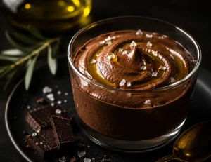 Mousse de chocolate negro aveludada servida num copo de vidro elegante, finalizada com flor de sal e um fio de Azeite Invictus Biológico para um brilho luxuoso.
