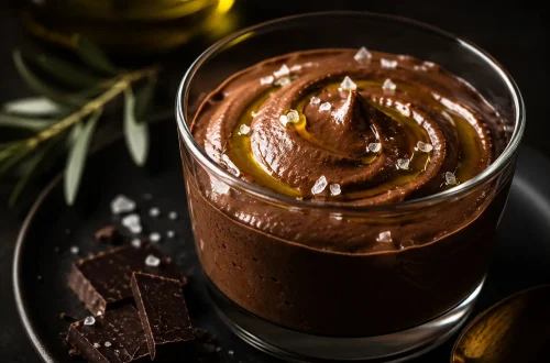 Mousse de chocolate negro aveludada servida num copo de vidro elegante, finalizada com flor de sal e um fio de Azeite Invictus Biológico para um brilho luxuoso.