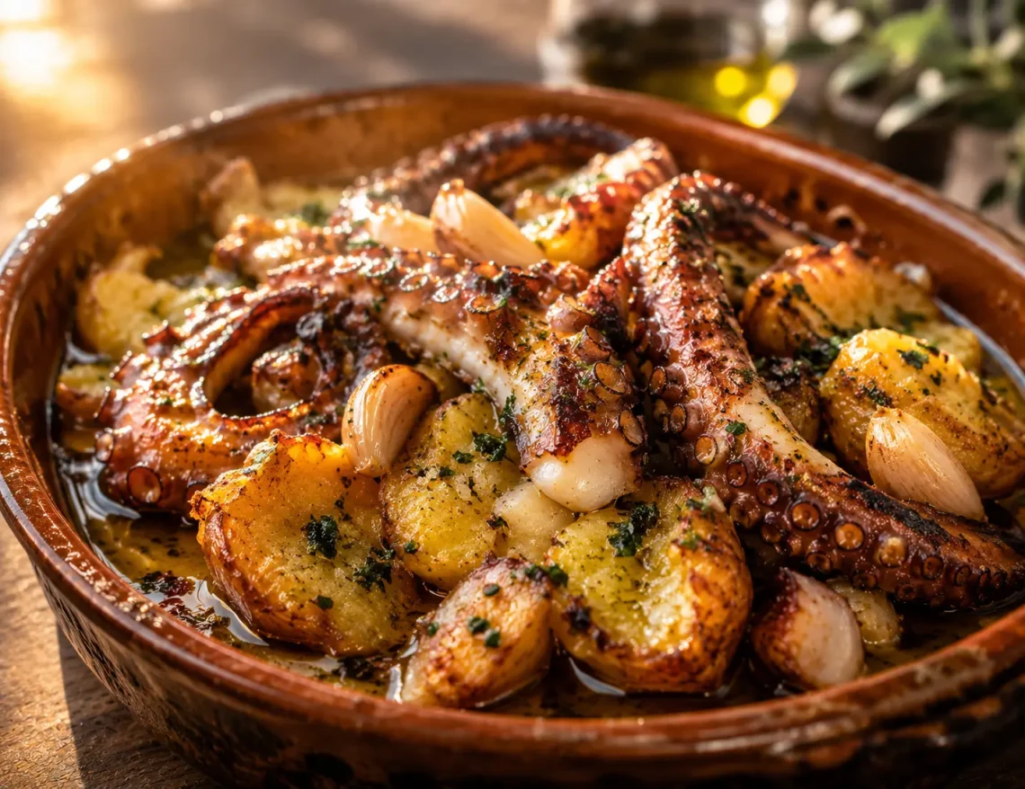Tentáculos de polvo grelhados com batatas a murro e alho, submersos num banho de Azeite Invictus Premium dourado, evocando a tradição gastronómica portuguesa.