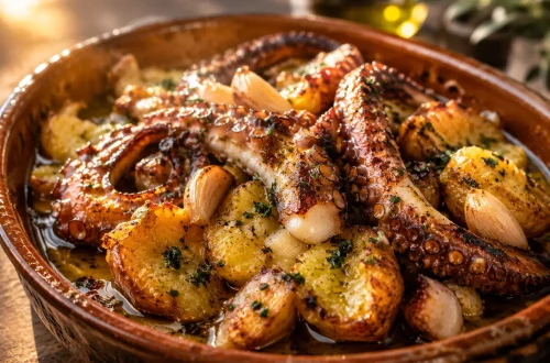 Tentáculos de polvo grelhados com batatas a murro e alho, submersos num banho de Azeite Invictus Premium dourado, evocando a tradição gastronómica portuguesa.