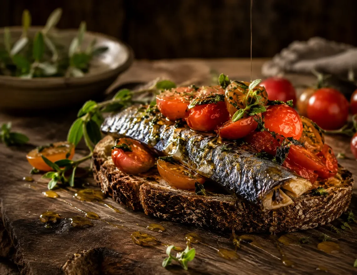 Uma fatia de pão de centeio tostada com filetes de cavala, tomates cereja e ervas frescas, regada com um fio brilhante de Azeite Invictus Biológico sobre uma mesa rústica.