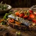 Uma fatia de pão de centeio tostada com filetes de cavala, tomates cereja e ervas frescas, regada com um fio brilhante de Azeite Invictus Biológico sobre uma mesa rústica.