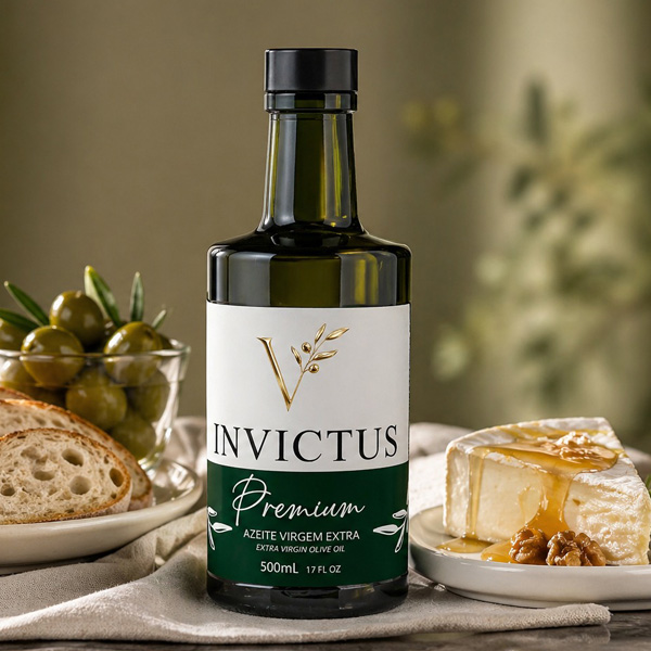 Garrafa de Azeite Invictus Premium servida com queijo brie, mel e pão artesanal