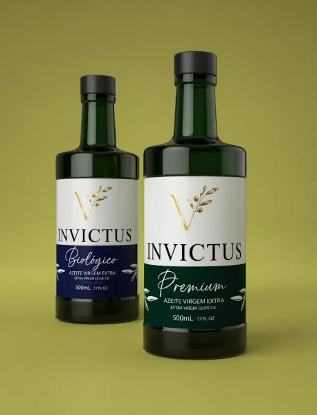 Garrafas de Azeite Invictus Biológico e Premium 500ml sobre fundo verde oliva.