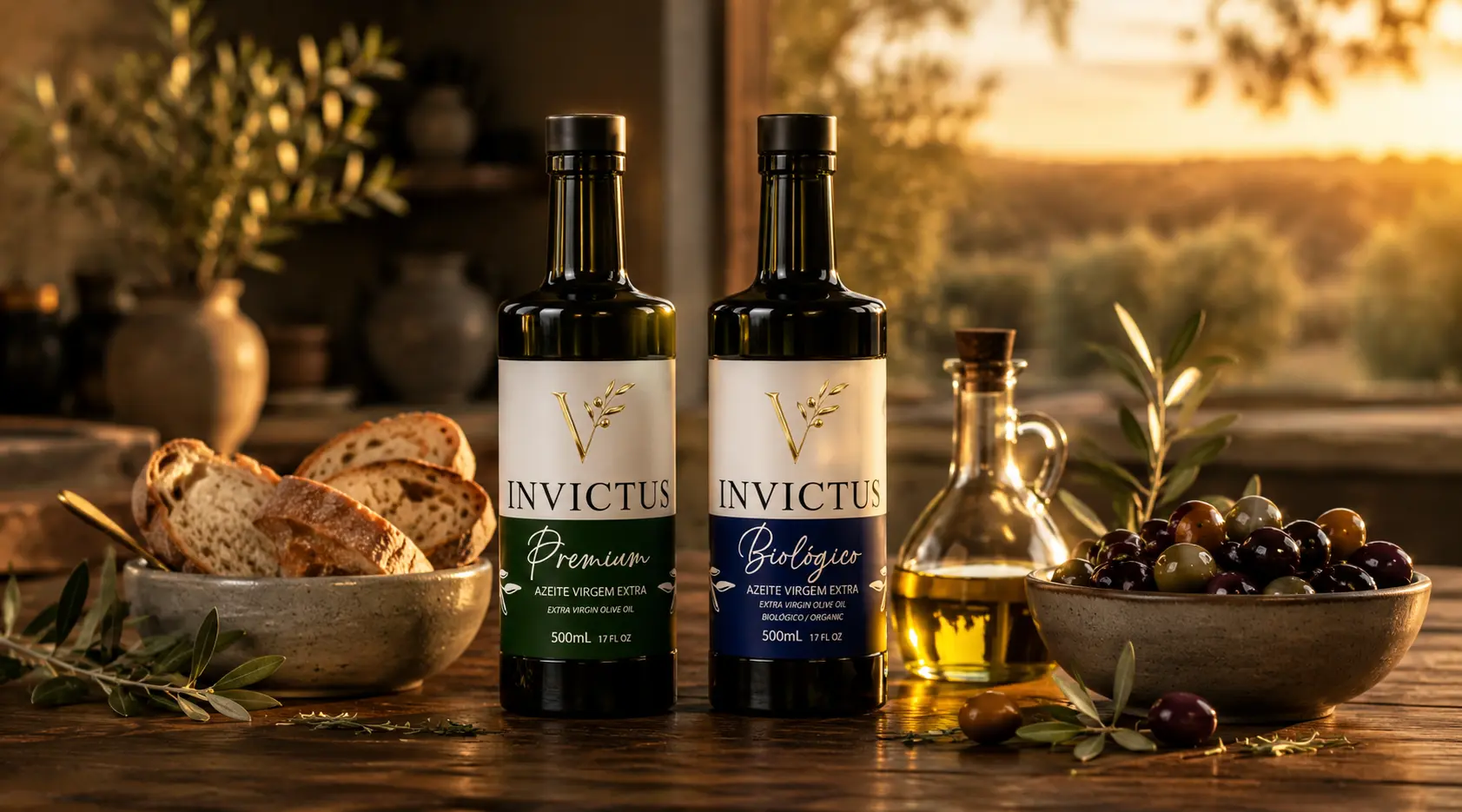 Composição gastronómica com Azeite Invictus Premium e Biológico sobre mesa rústica; luz de fim de tarde realça a textura do pão e o brilho do azeite, evocando a autenticidade dos sabores de Trás-os-Montes.