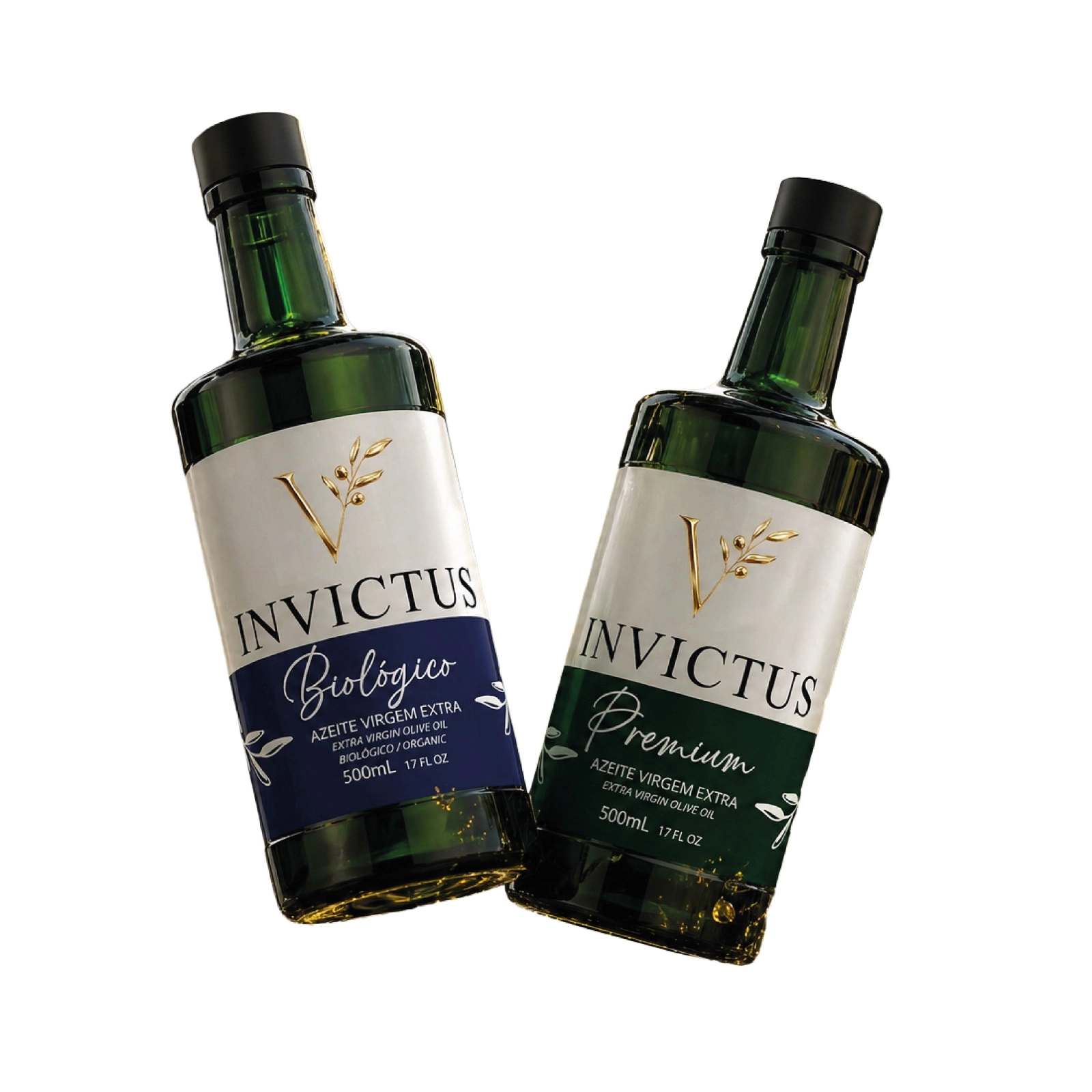 Duas garrafas de azeite virgem extra da marca Invictus, versões Biológica e Premium, isoladas em fundo branco, prontas para venda e consumo gourmet.