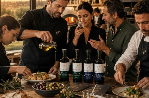 Grupo de profissionais, incluindo chefs de dólmã e uma sommelier de dólmã, colaboram numa mesa de madeira; um chef verte Azeite Invictus sobre um prato enquanto a sommelier analisa o aroma, com a gama completa de garrafas (Premium e Biológico) e o forno a lenha ao fundo.