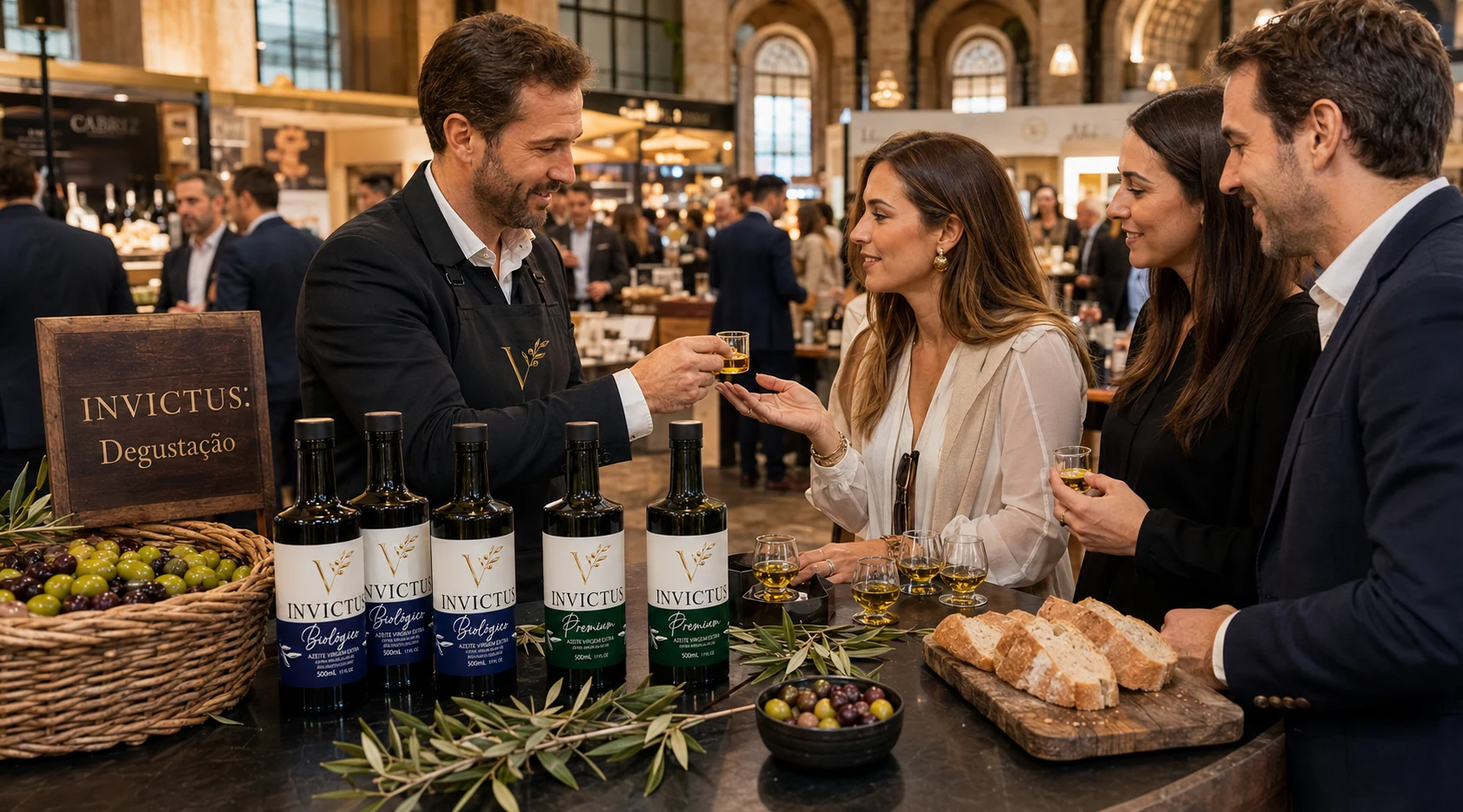 Momento de degustação num evento gourmet, onde um especialista apresenta o Azeite Invictus a clientes, com garrafas das gamas Biológico e Premium dispostas sobre um balcão rústico com pão e azeitonas.